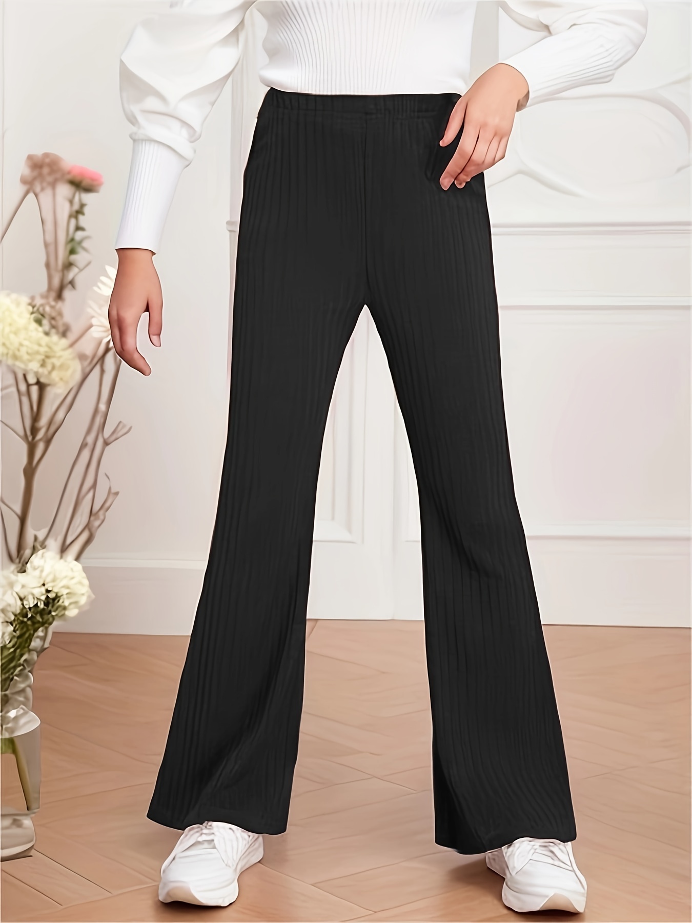 Girl's Trendy Solid Textured Flare Pants Elastic Waist Slim - Temu