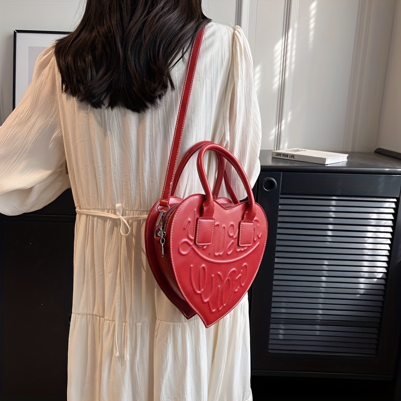 Love Heart Shaped Handbag For Women, Letter Embossed Crossbody Bag