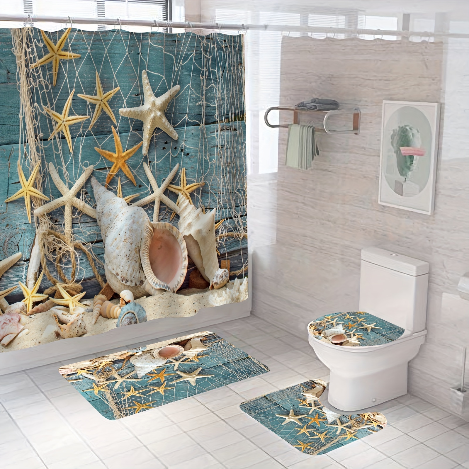 ChloropLastid Beach Starfish Shower Curtain Set with Hooks Seashell  Starfish Ocean Theme Bathroom Decoration Vintage Fishing Nets Wooden Board  Waterproof Fabric Shower Curtain 72x72 Inch : : Home