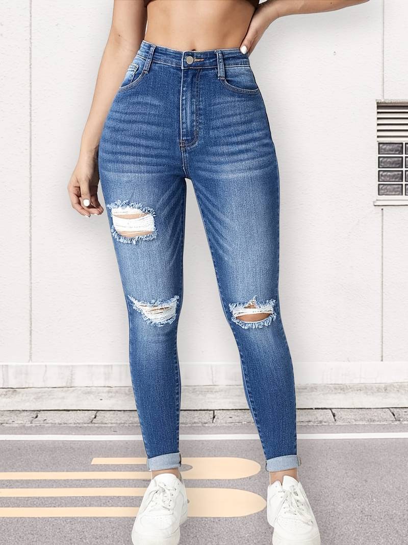 High Rise Ripped Knee Skinny Jeans, Rolled Hem High Waist Water Ripple ...