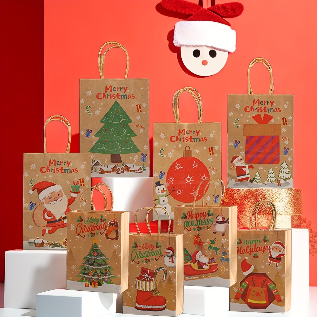 8 Bolsas De Regalo De Navidad, 8 Diseños De Bolsas De Papel Kraft  Navideñas, 8.3x5.9x3.1 Pulgadas Con Asas Bolsas De Regalo De Navidad,  Adecuadas Para