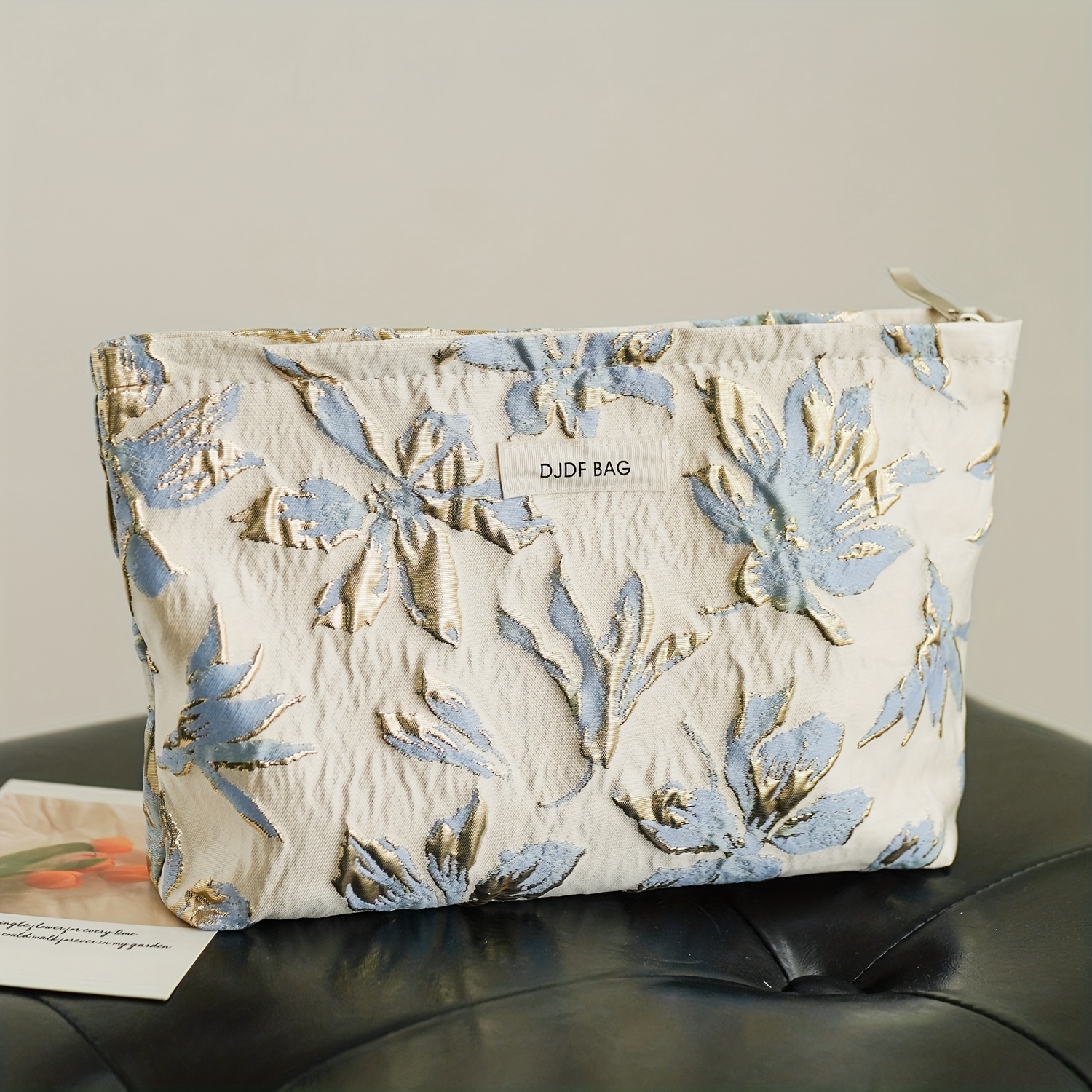 New Portable Blue Golden Embossed Flower Large Capacity Cosmetic Bag,  Travel Storage Bag With Zipper
