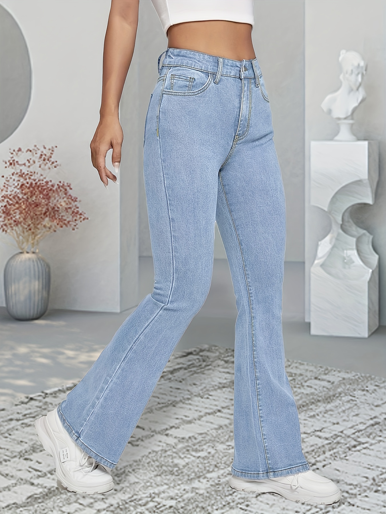 Light Blue Versatile Flare Jeans, High-Stretch Slim Fit Slant Pockets Bell  Bottom Jeans, Women's Denim Jeans & Clothing