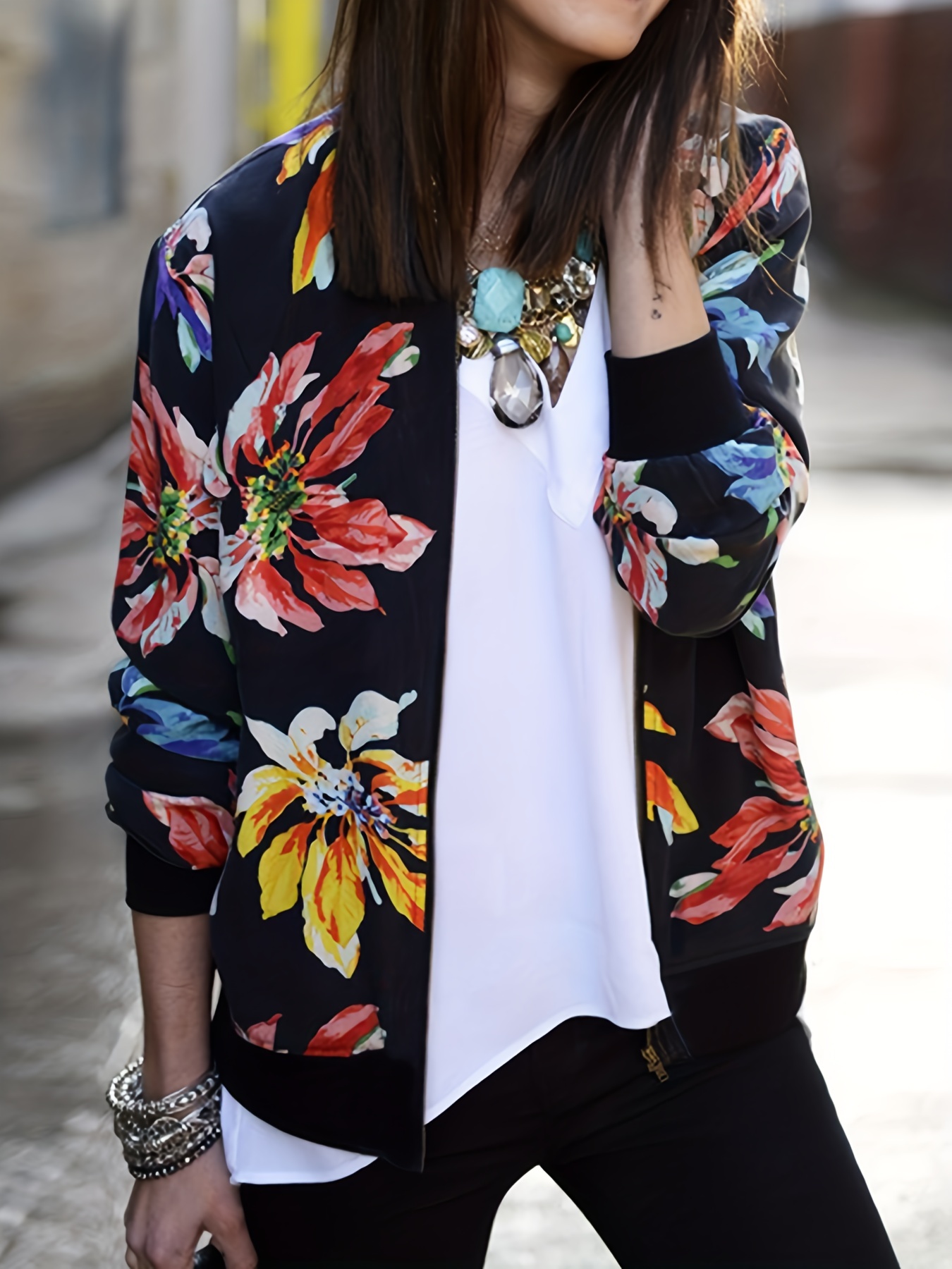 Flower Print Long Sleeve Women's Bomber Jacket Fashion Zipper Up