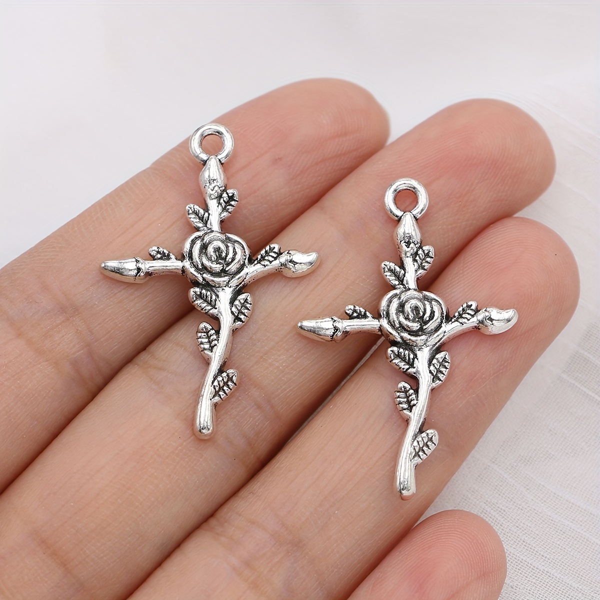 Antique Silver Plated Flower Cross Charms Rose Cross Pendants For