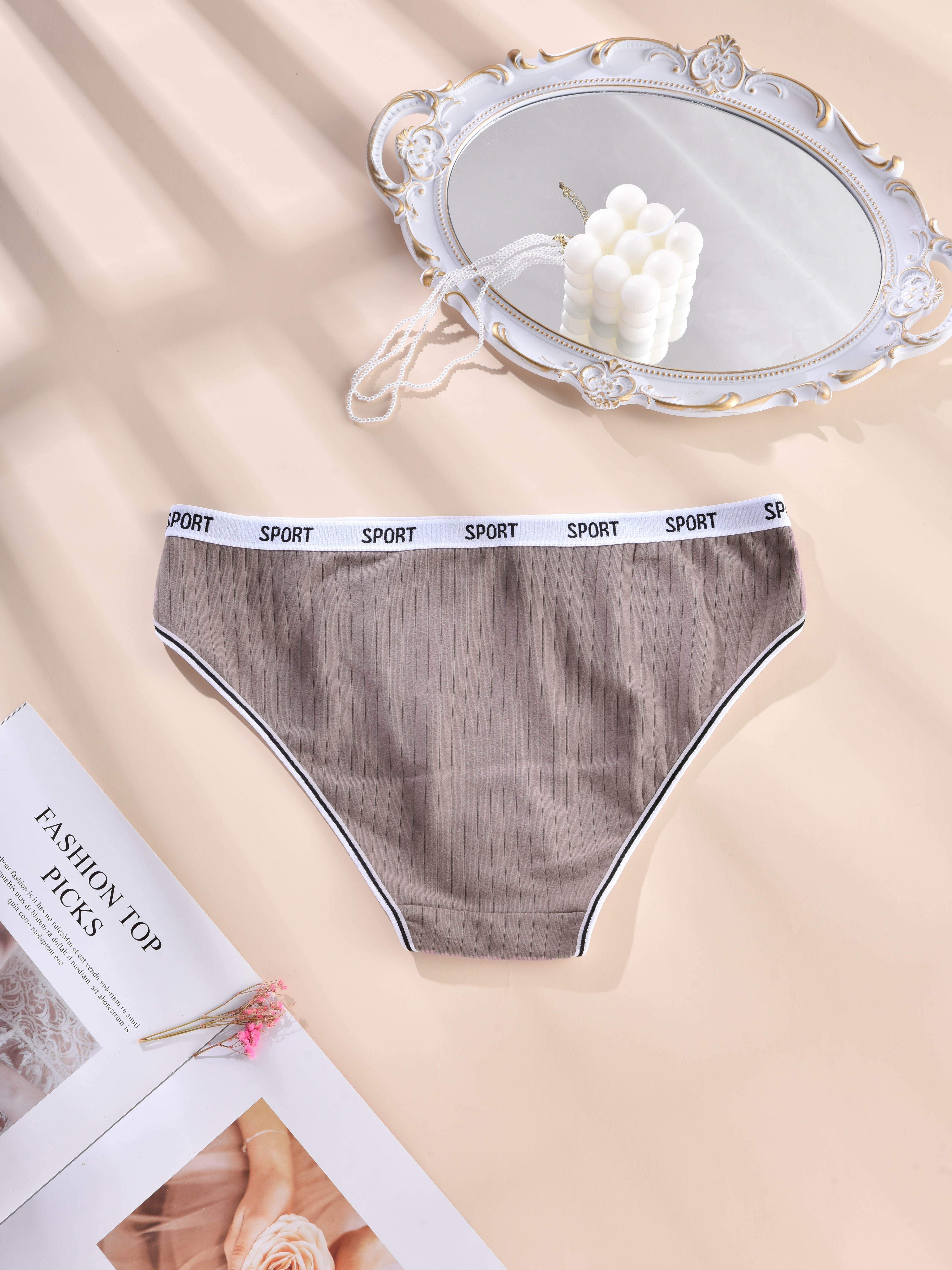 5 Pack Plus Size Casual Underwear Set, Women's Plus Plain Ribbed Letter  Tape High Stretch Underwear Five Piece Set