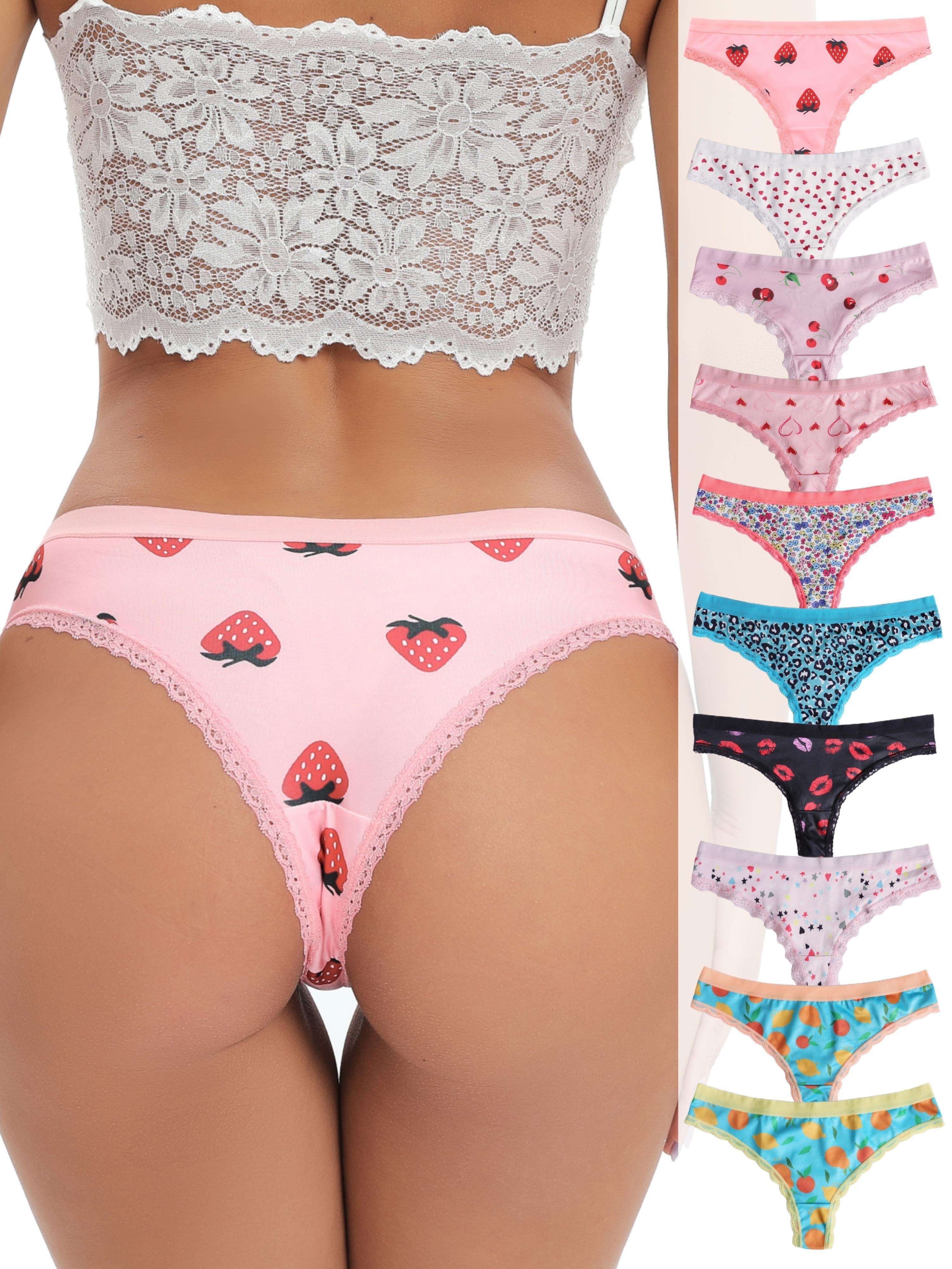 10 Pcs Fruit & Heart Print Thongs, Soft & Comfy Lace Trim Panties, Women's  Lingerie & Underwear