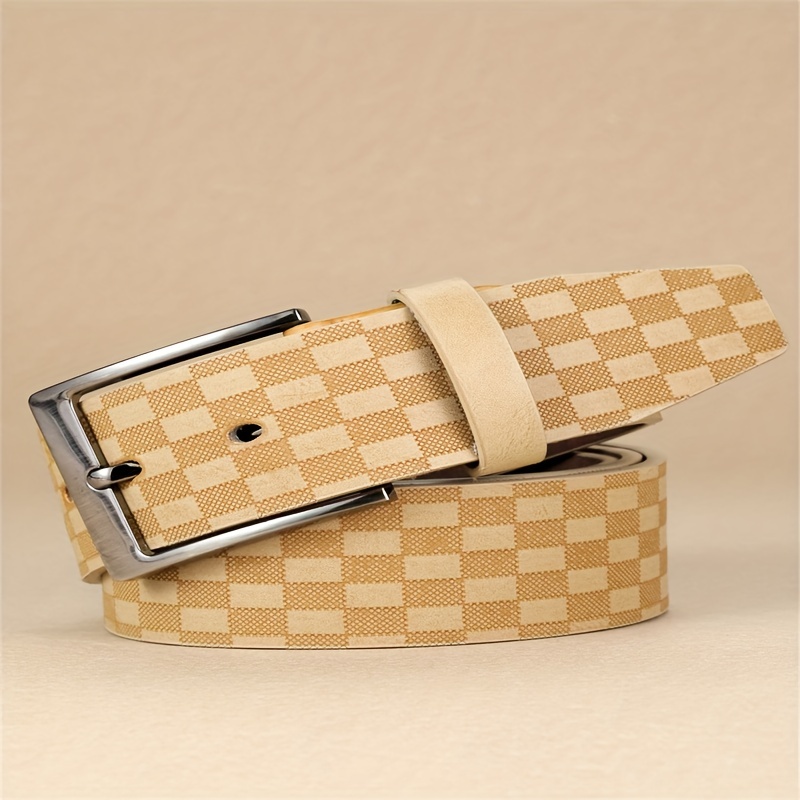 PU Leather Khaki Belt Belt, Men's Fashion Small Square Print Belt,Temu
