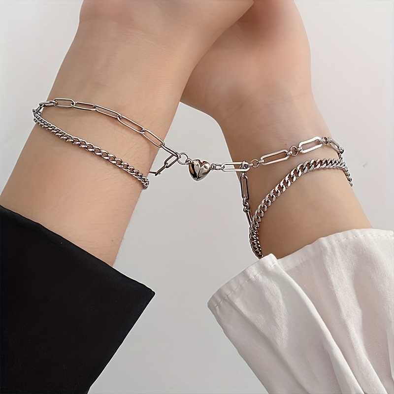 Taluosi 2Pcs Attractive Bracelet Perfect Gifts Alloy Exquisite Magnetic  Heart Couple Hand Chain for Daily Use 