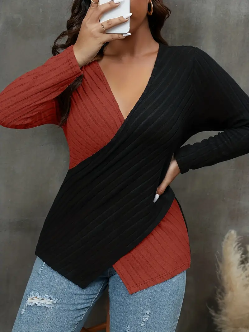 plus size casual sweater womens plus colorblock cross v neck long sleeve medium stretch jumper details 25
