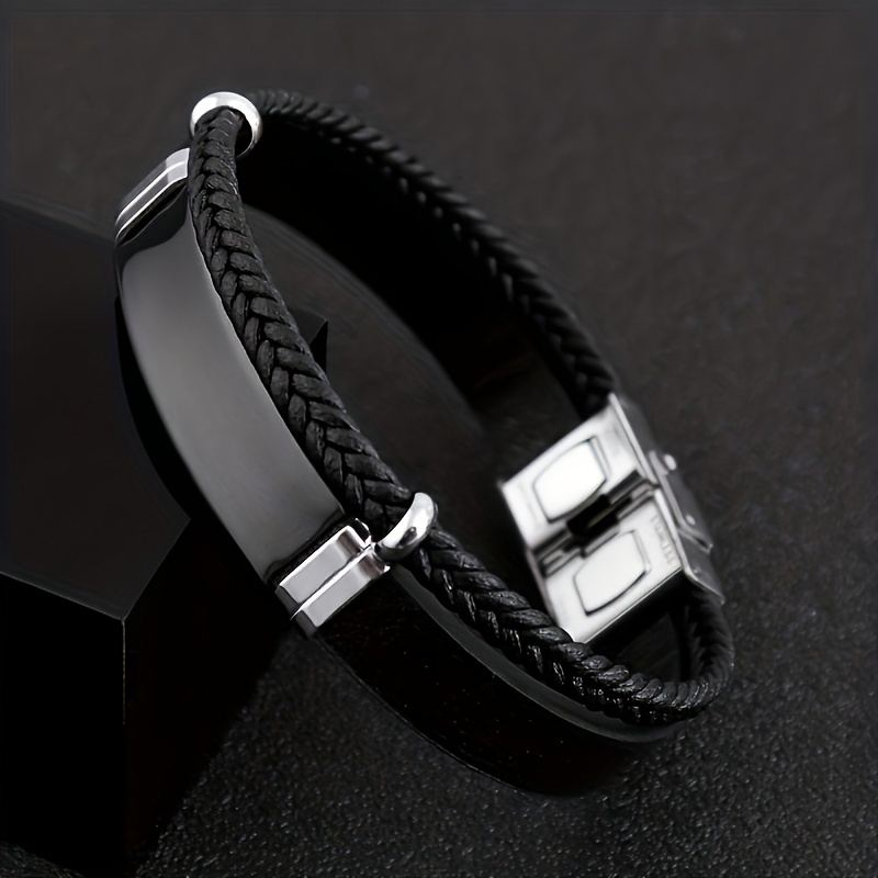 

Nouveau bracelet en cuir pour homme en acier inoxydable avec texte personnalisé, bracelet en corde tressée personnalisé à la mode, cadeau pour la fête des pères