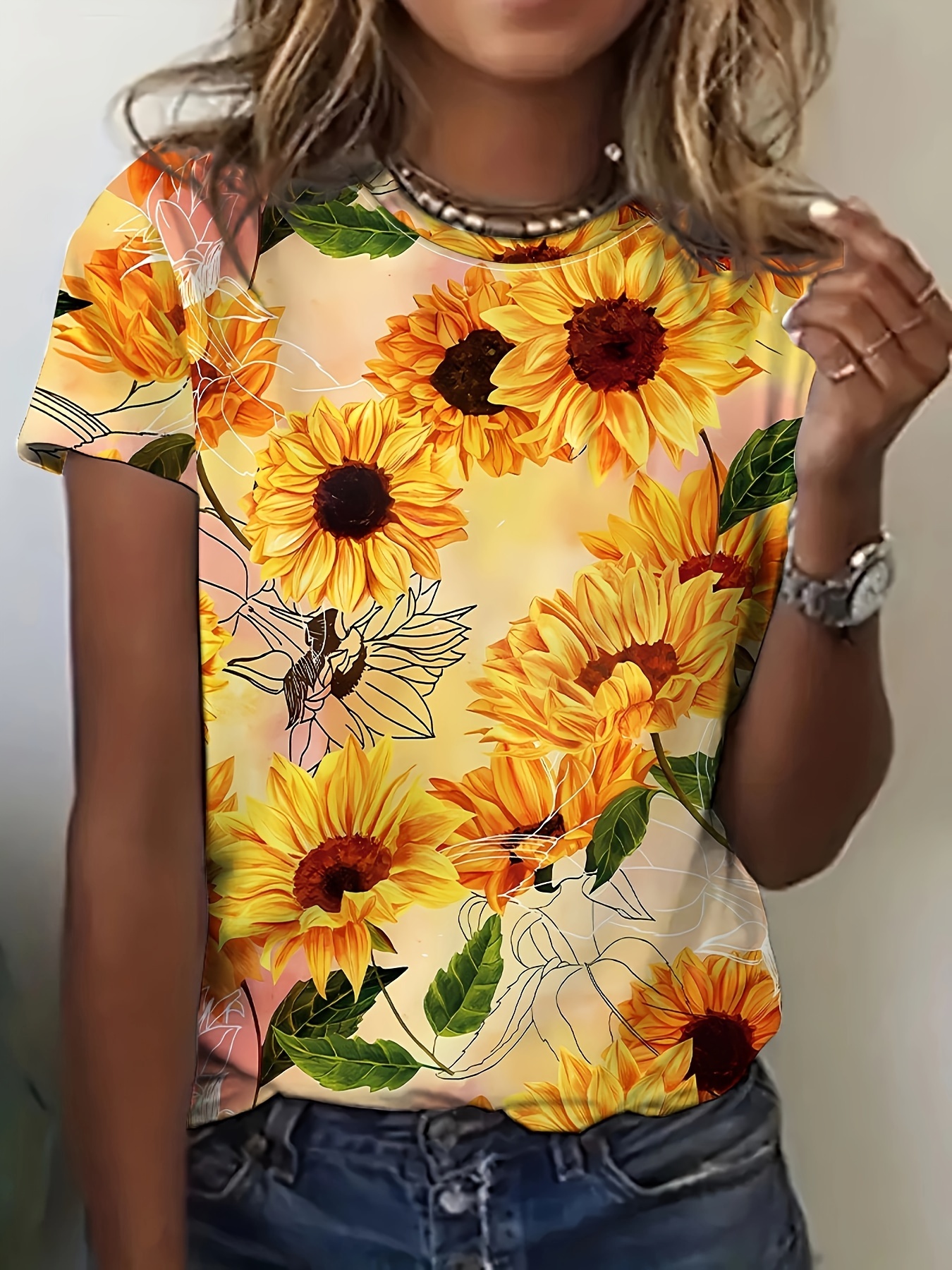  Women Sunflower Summer T Shirt Plus Size Loose Blouse Tops Girl  Short Sleeve Graphic Casual Long Sleeve Shirt Spandex : 服裝，鞋子和珠寶