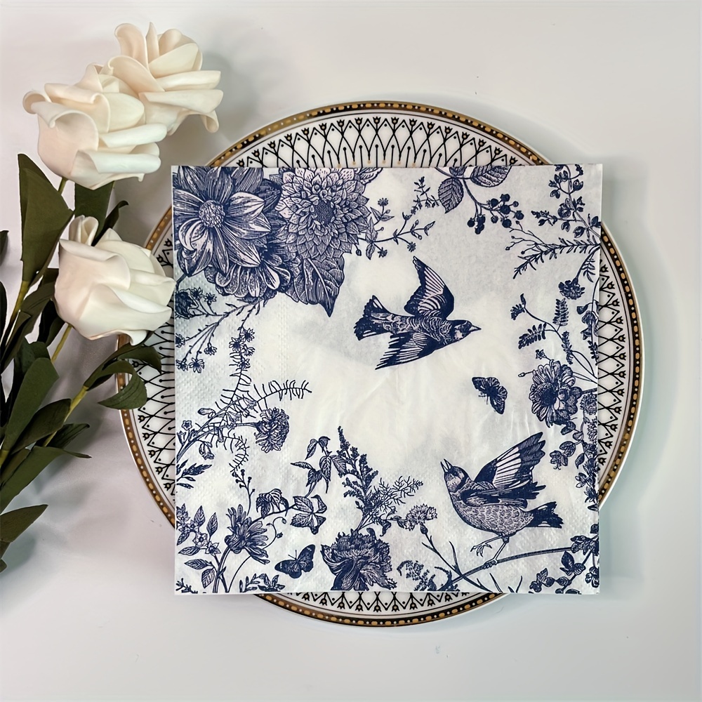 Two Decorative Cocktail Napkins for Decoupage Rose Garden Blue and White