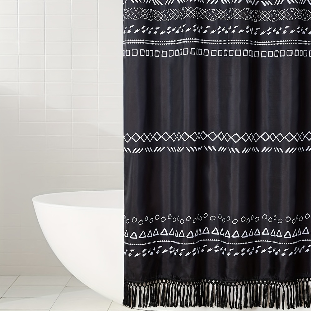 Boho Black Shower Curtain With Tassel - Waterproof Geometric