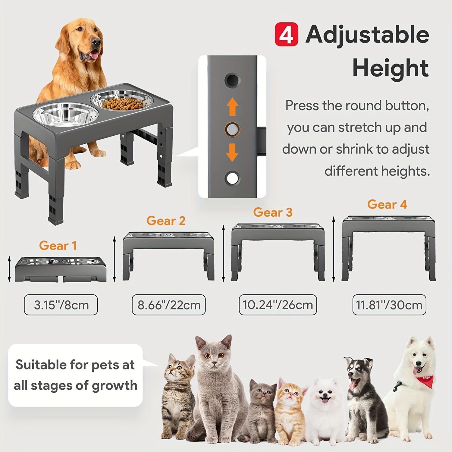 Elevated Dog Bowls Stand - Adjusts to 3 Heights for Small, Medium, and  Large Pets - Stainless-Steel Dog Bowls Hold 34oz Each by PETMAKER (Gray)