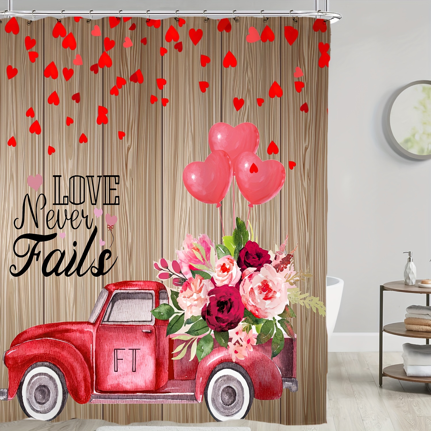 

4pcs Truck Floral Heart Printed Shower Set, Waterproof Bathroom Partition With 12 Hooks, Non-slip Bath Rug, Toilet U-shape Mat, Toilet Lid Cover Pad, Bathroom Accessories, Valentine's Day Decor