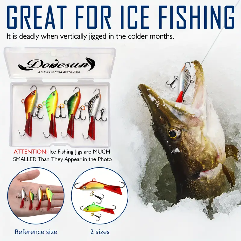 * 4pcs Ice Fishing Jigs, Ice Fishing Lures With Glide Tail Treble Hooks,  Ice Fishing Gear, Crappie Jigs Ice Fishing Kit, 2 Sizes, 0.28oz/0.49oz