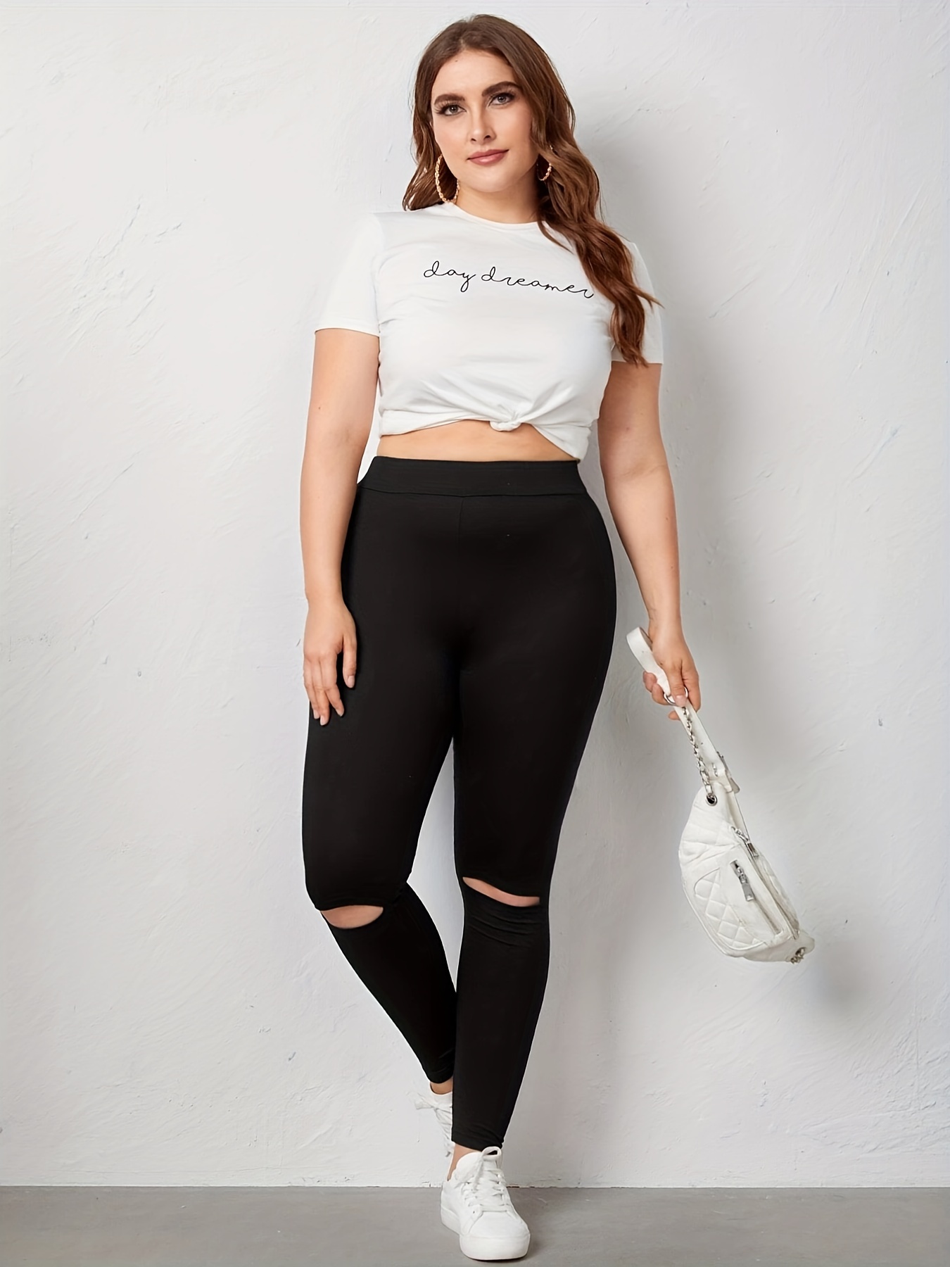 Plus Size Casual Leggings Women's Plus Solid Cut Contrast - Temu