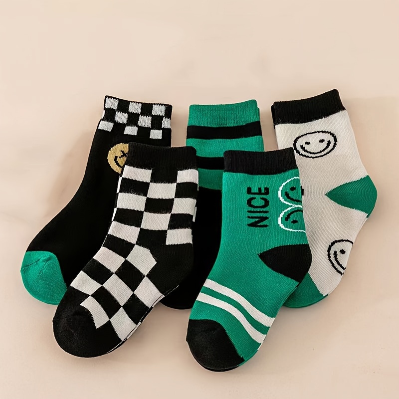 Image of 5 Pairs Kids Socks Boys Children Autumn Winter Thickened Striped Checkered Sports Mid-calf Student Socks