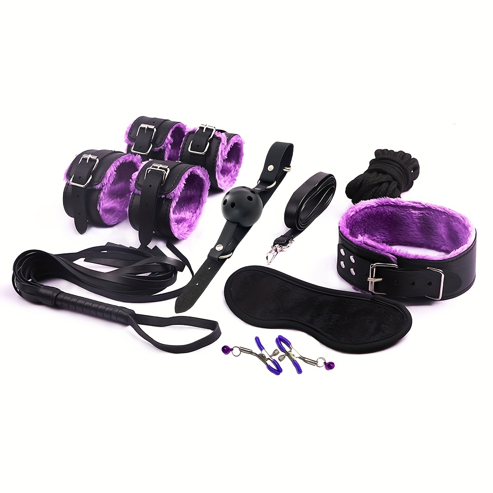  Purple 10 Pc Bondage and Restraint Kit, BDSM, Submissive Sex  Handcuffs, Ankle Sex Cuffs, Whip, Ball Gag, Leash, Collar, Rope, Nipple  Clamps, Blindfold Mask : Health & Household