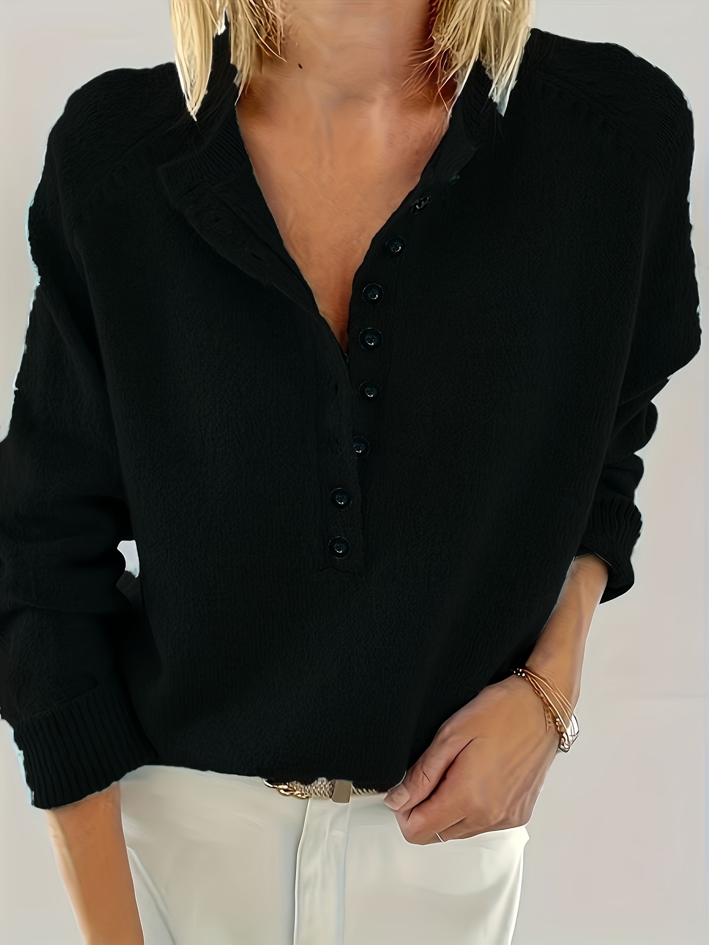 πουλόβερ πουλόβερ με μισό κουμπί, casual μακρυμάνικο πουλόβερ raglan ώμου, γυναικεία ρούχα Στοιχεία είδους 3