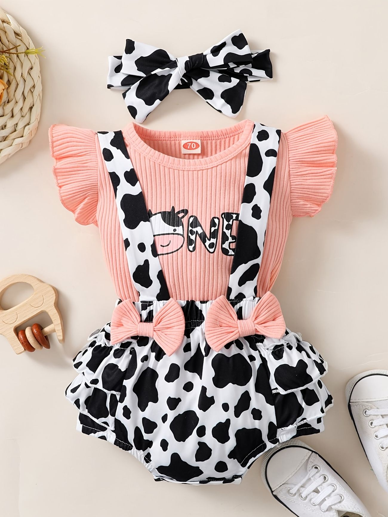 Baby Girls Cartoon Cow Print Ruffle Sleeve Top Matching Bowknot Suspender  Shorts Bottoms Headband Baby Clothes - Clothing, Shoes & Jewelry - Temu