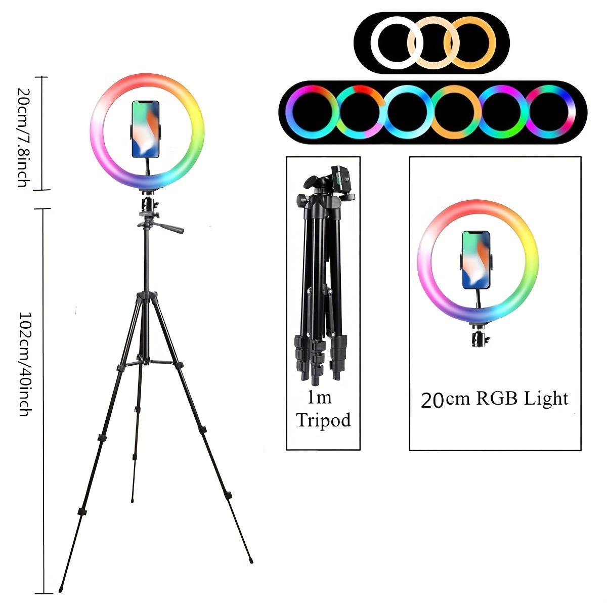 Anneau lumineux RVB de 8 po (20,3 cm) avec 20 modes d'éclairage