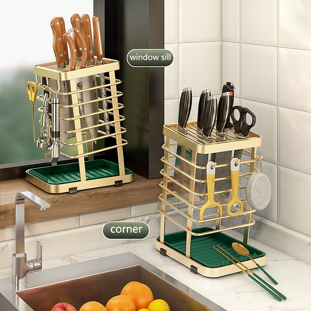 1pc steel knife holder kitchen rack home countertop cutting board rack cutting board knife integrated storage rack cutlery rack home kitchen accessories organize your knives and cutlery with ease countertop knife rack details 8