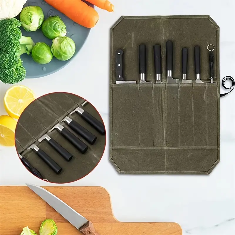 Knife Storage Bags And Rolls, Waxed Canvas Chefs Knife Carrier Holder, Cooking  Knives And Utensils Wrap Bag, 7 Pockets Portable Protector Case For Kitchen  Tools, Tools On And Outdoor Suppleis, Camping Tools 