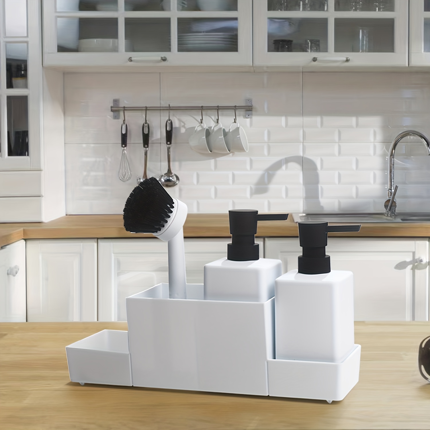 Dispensador de jabón de cocina de 1 pieza con juego de soporte de esponja  para Caddy de fregadero, dispensadores de jabón dobles y 1 cepillo, accesori