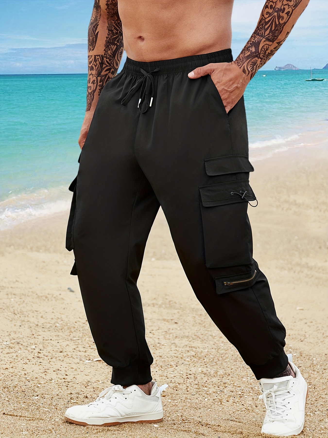 Plus Size Men's Fashion Zip Pockets Cargo Pants Drawstring - Temu