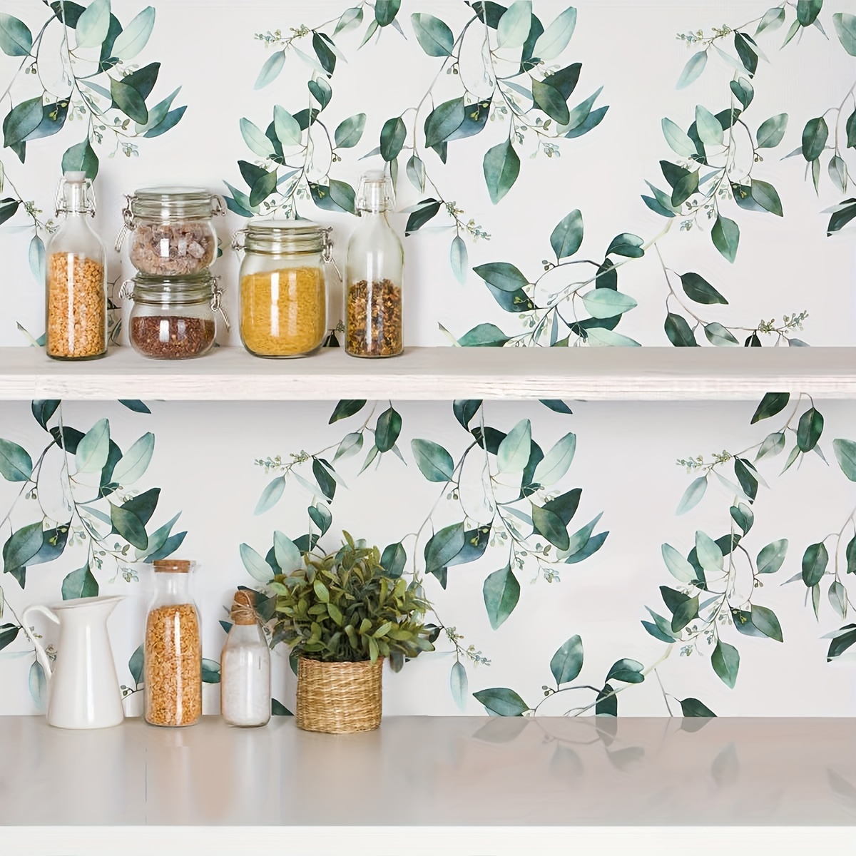 Image of 1pc Vintage Green Plant Leaves Removable Wallpaper Waterproof Peel And Stick Electrical Furniture Home Decoration Room Background Kitchen Refurbishment Wallpaper Wall Stickers