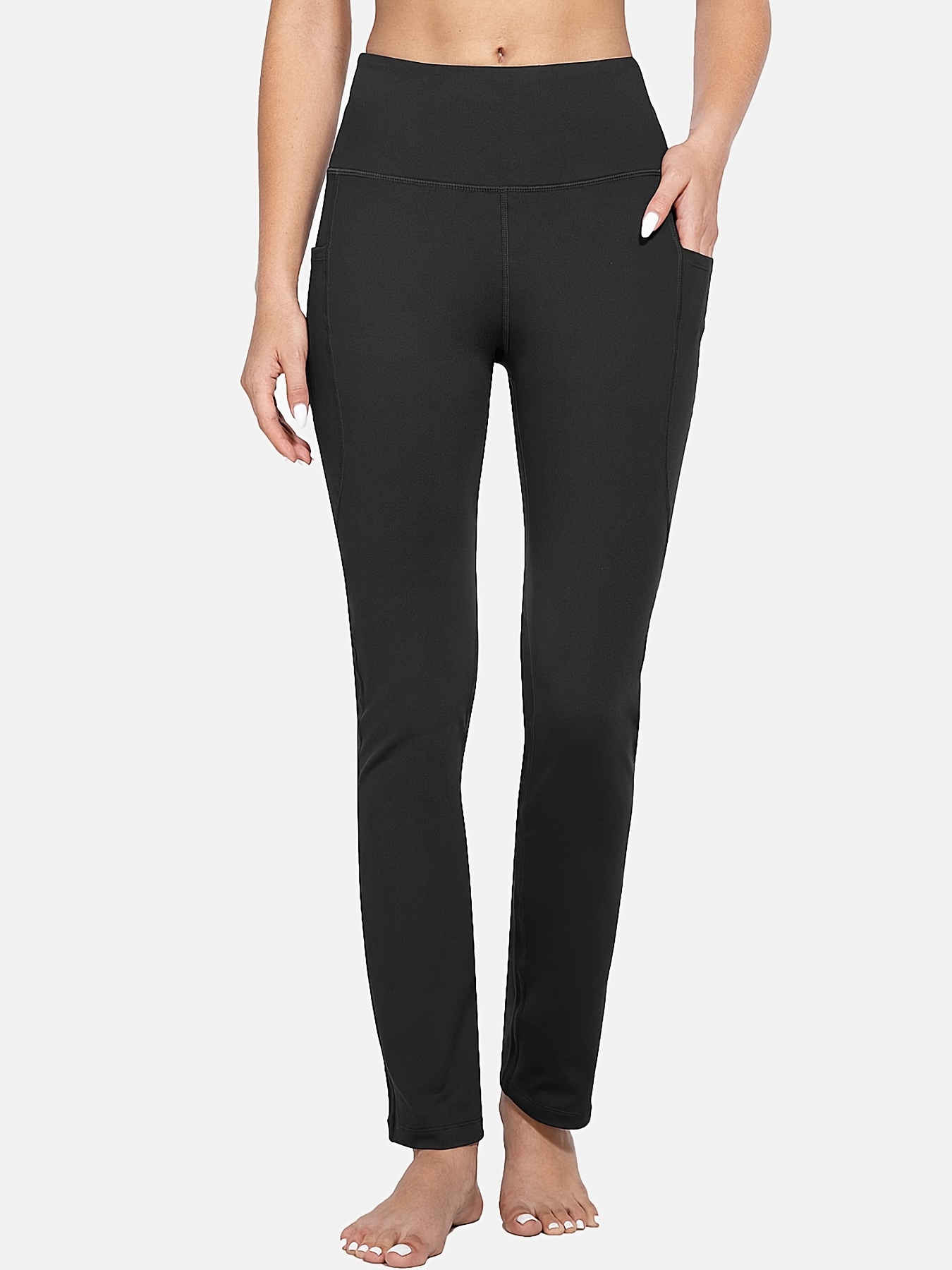 Black Solid Color High Waist Tights Long Pants Pockets Quick - Temu