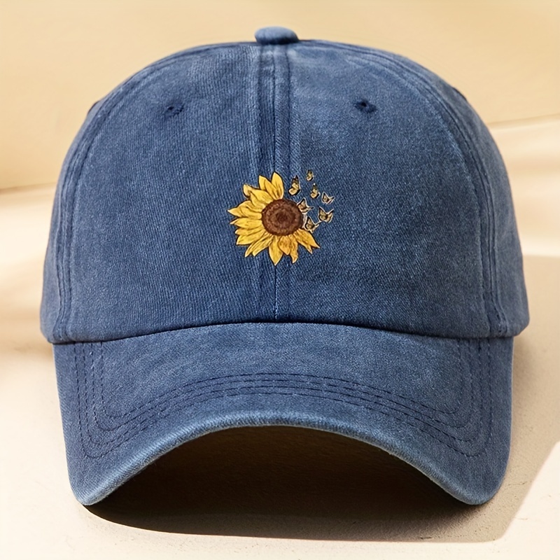Sunflower Print Baseball Cap, Washed Distressed Vintage Hat For Man