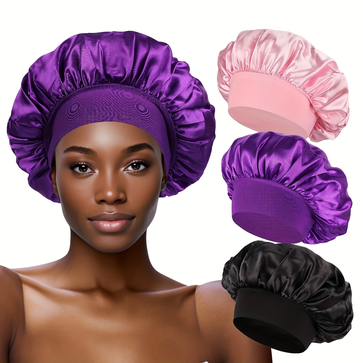 

3pcs Satin Bonnet Silk Bonnet Hair Bonnet For Sleeping, Reusable Adjusting Hair Care Wrap Cap Sleep Caps For Women