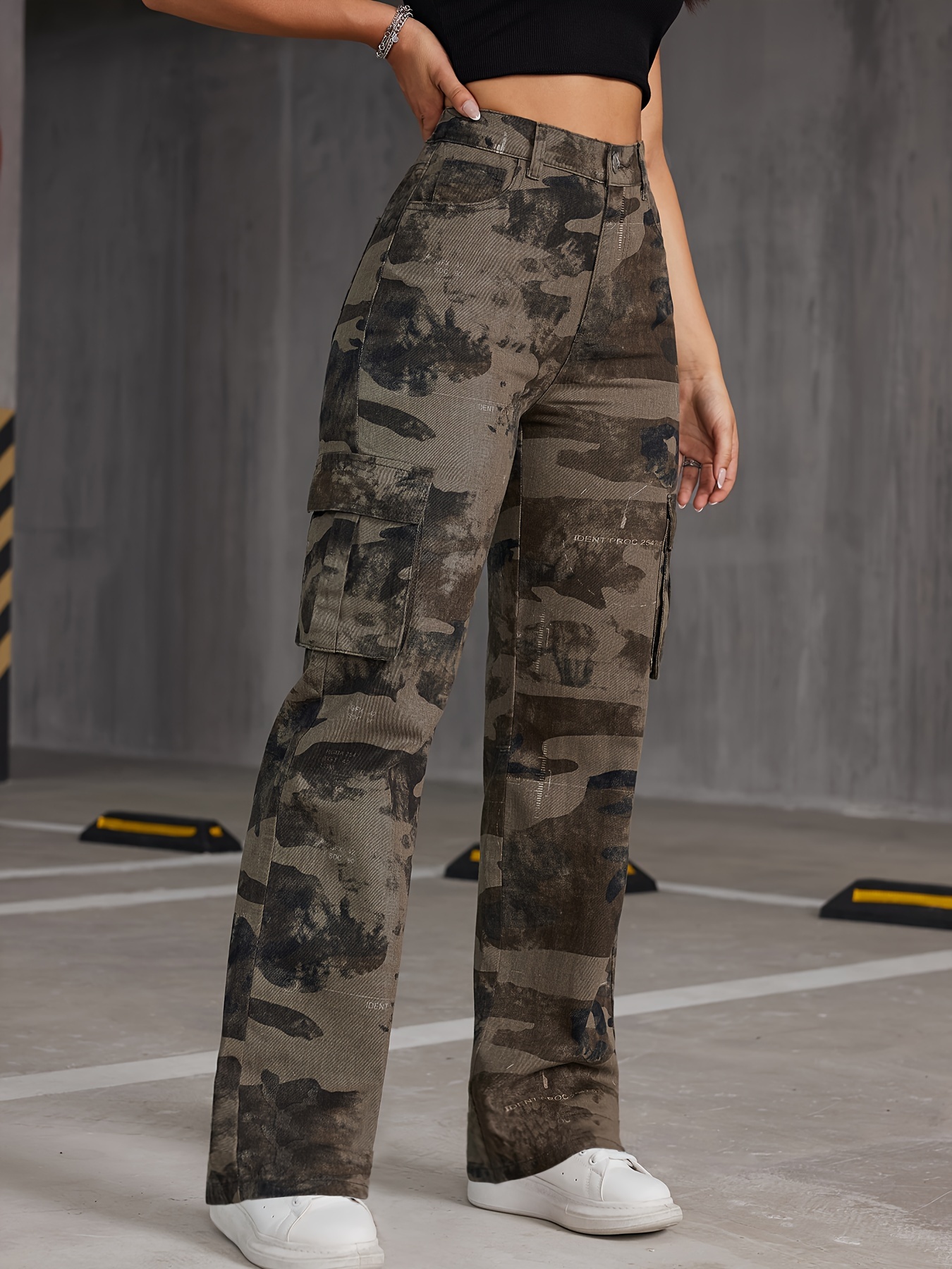 Camo Flap Pockets Cargo Pants, Loose Fit High Waist Non-Stretch Straight  Legs Denim Pants, Y2K Kpop Vintage Style, Women's Denim Jeans & Clothing