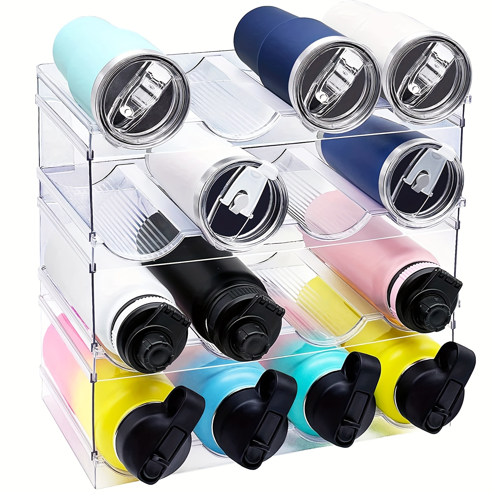 Clear Water Bottle Organizer, 4 Pack Water Bottle Storage Rack Plastic,  Stackable Water Bottle Holder, Cup Organizer for Kitchen Cabinet,  Countertop
