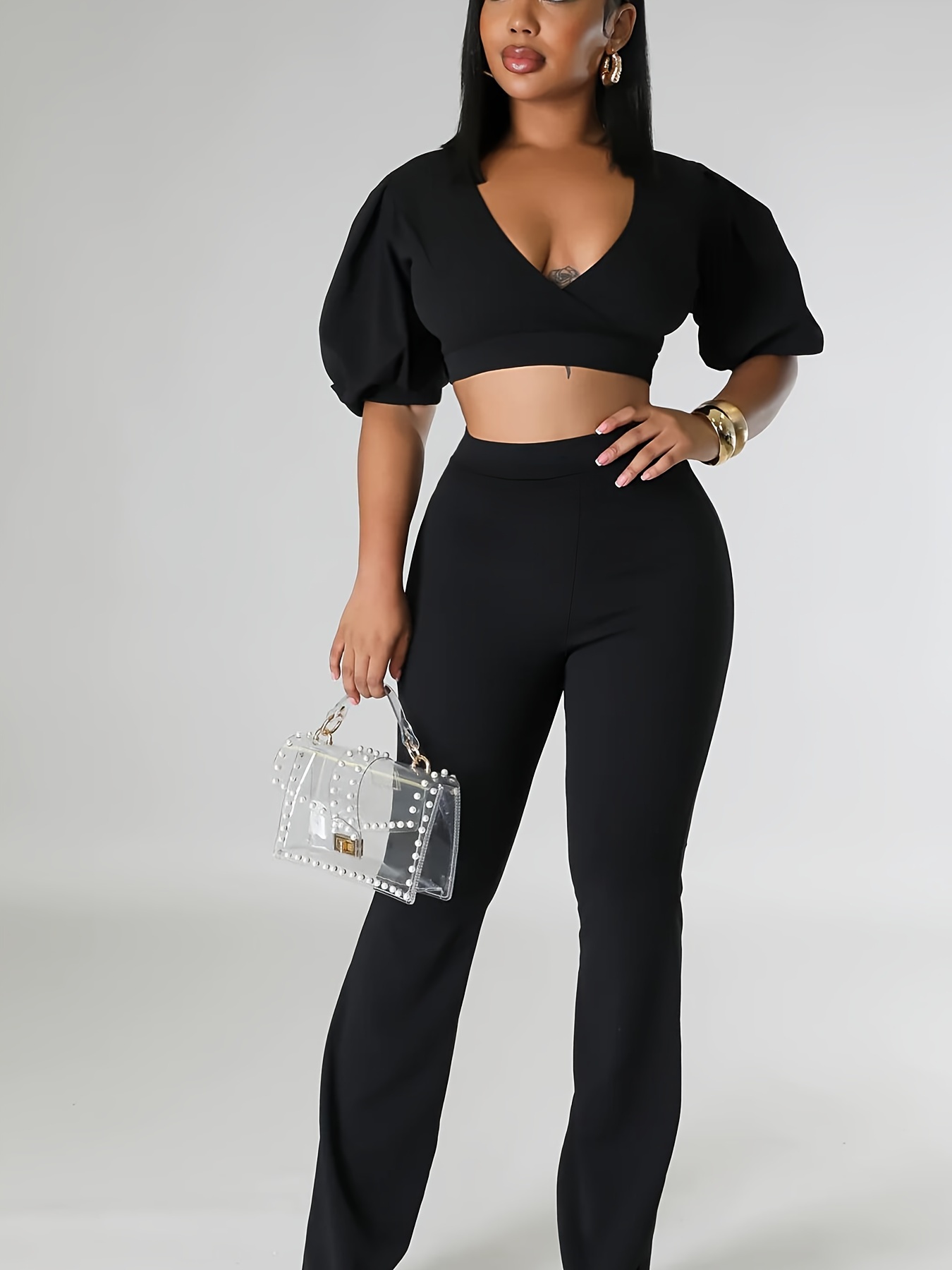 Casual Solid Two piece Set Puff Sleeve Crop Top Flare Pants - Temu Austria