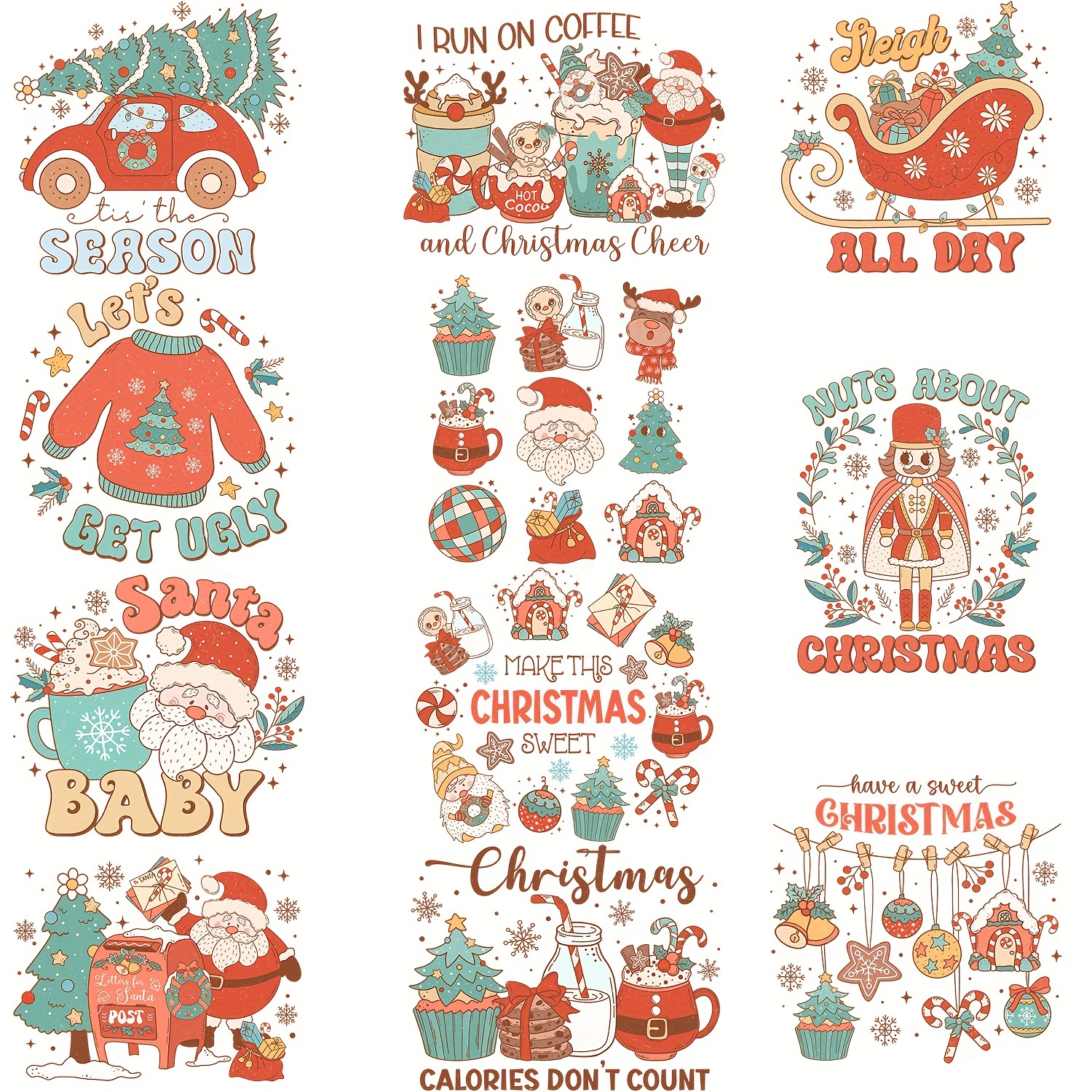 Buy EOGOW Christmas Iron on Transfers, 9PCS Iron on Decals for T Shirts  Iron on Transfers Dtf Transfers Ready to Press Heat Transfer Designs Screen  Print Transfers Ready to Press Iron on