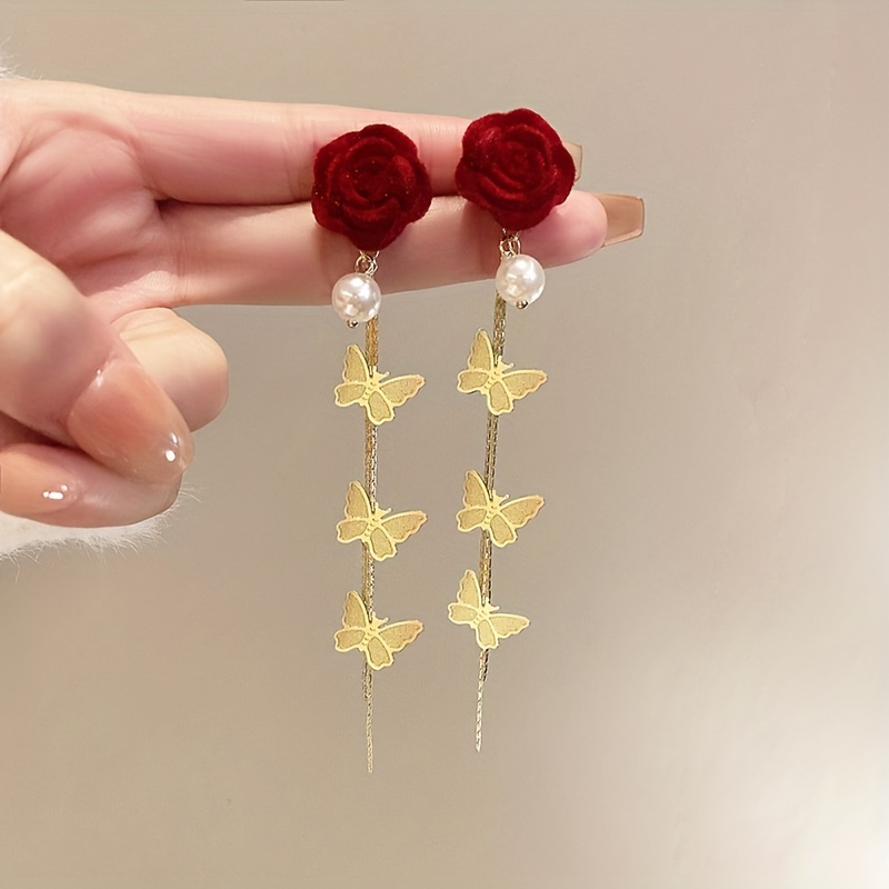 TEMU Aretes Elegantes De Estilo Lujoso Con Rosas Rojas Y Mariposas Doradas, Regalo Delicado Para Mujeres Amantes