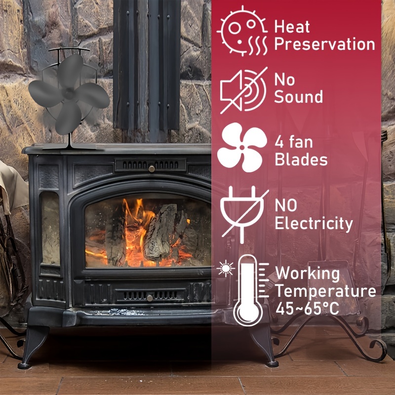 ventilateur poele à bois alimenté par la chaleur 4 lames pour  brûleur/bûches/cheminée, 40°C/104° F Départ rapide circulation d'air chaud  ultra silencieuse économisant le carburant efficacement. 
