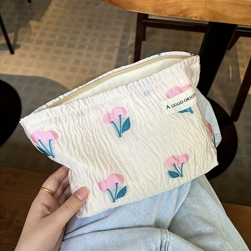 Flower Embroidered Canvas Makeup Bag Portable Zipper - Temu