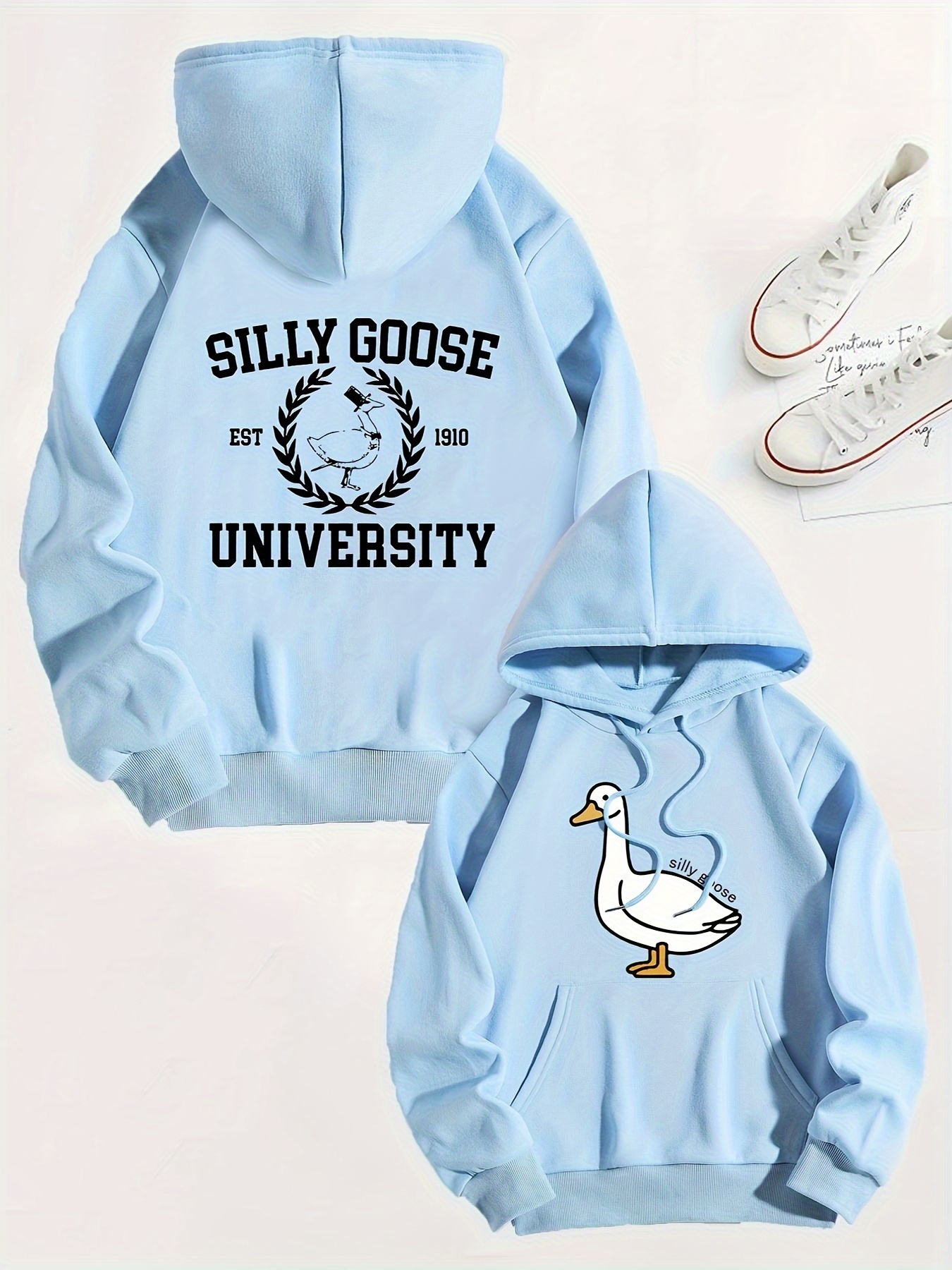 Plus Size Casual Sweatshirt, Women's Plus Letter &amp; Goose Print Long Sleeve Drawstring Hooded Sweatshirt With Pockets