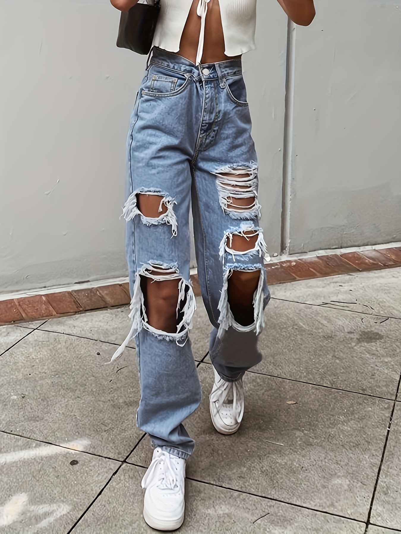 Ripped Knee Cut Distressed Jeans Light Wash Slash Pocket - Temu Canada