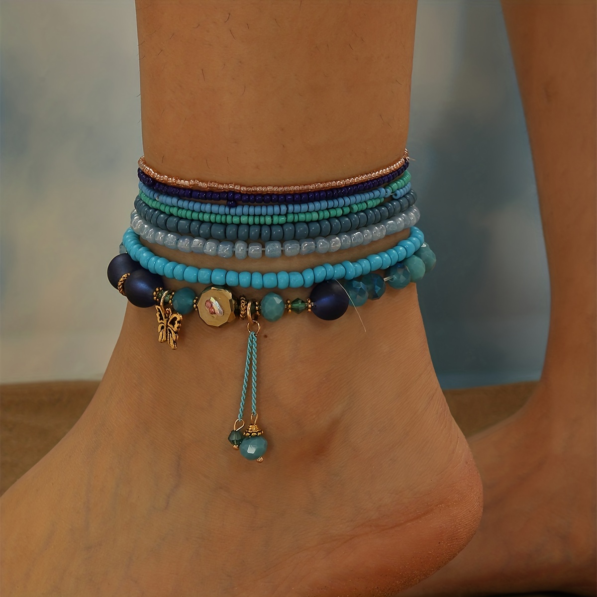 

8 Pcs Set Of Delicate Blue Beads Design Anklet Bohemian Elegant Style Suitable For Women Beach Vocation Foot Decor