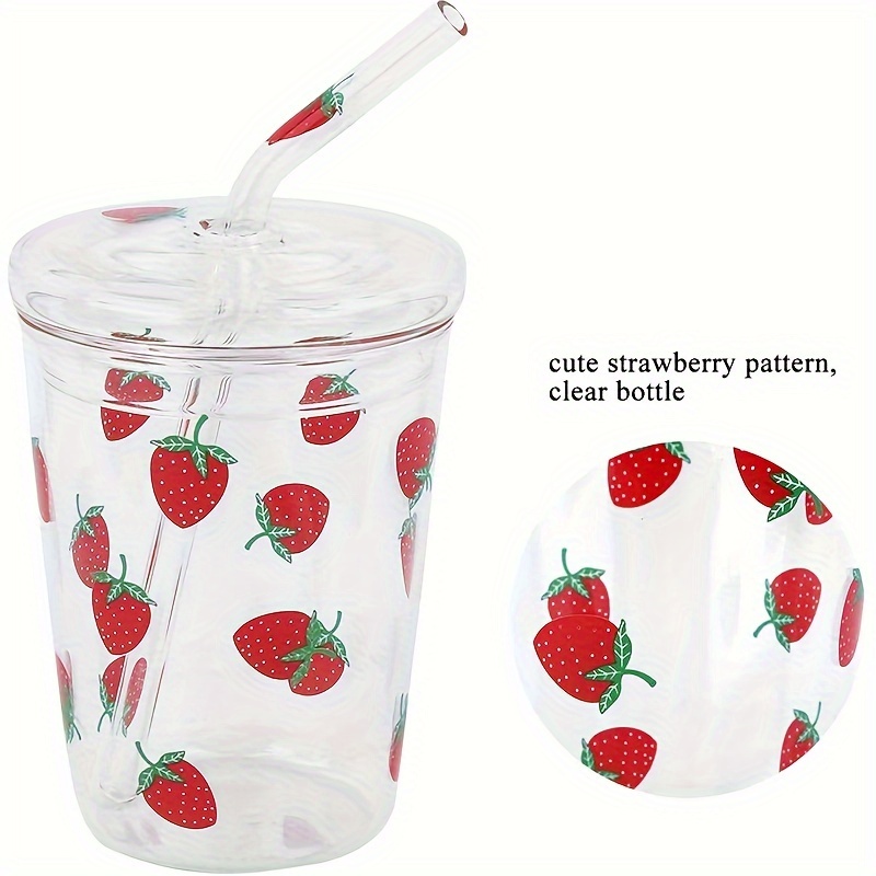 1pc Glass Cup With Straw And Handle, Scale Cup With Lid And Spoon, Cute  Fruit Printed Cup For Girls