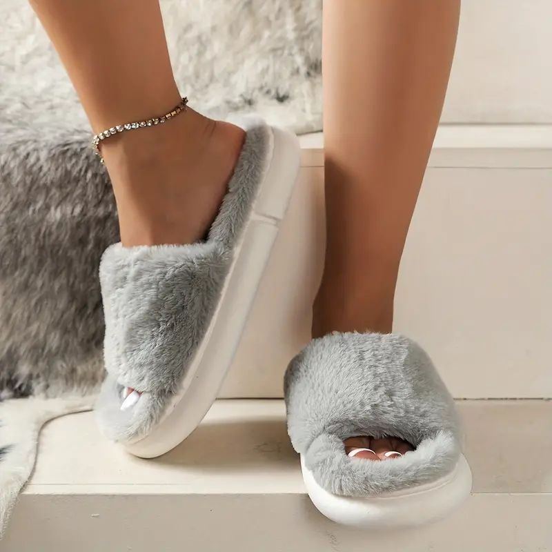 cozy fluffy furry house slippers single band open toe platform fuzzy shoes comfy warm home slippers 5