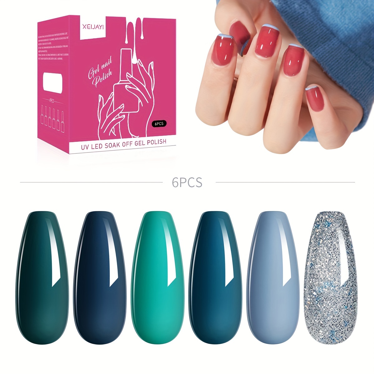 Cyan Silvery Glitter Gel Varnish 6 Colors Kit