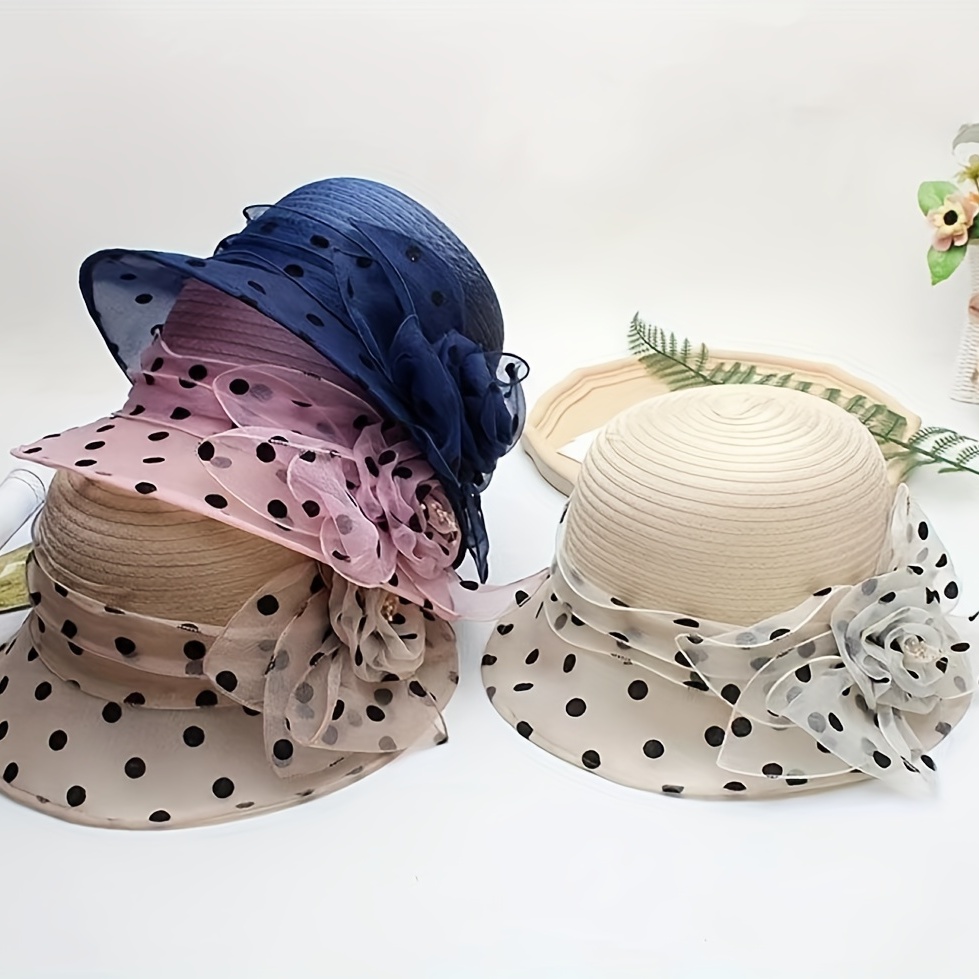 Polka Dot Mesh Flower Decor Bucket Hat