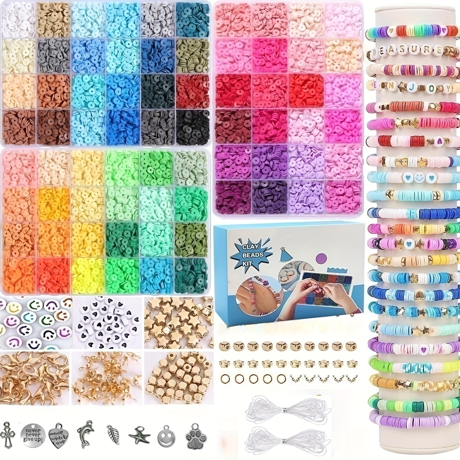 Clay Beads Kit, Jewelry Accessories, Colorful Preppy & Necklace Kits,  Bracelet Making Kit for Charming Girls, 4200Pcs Clay Beads Kit with Round